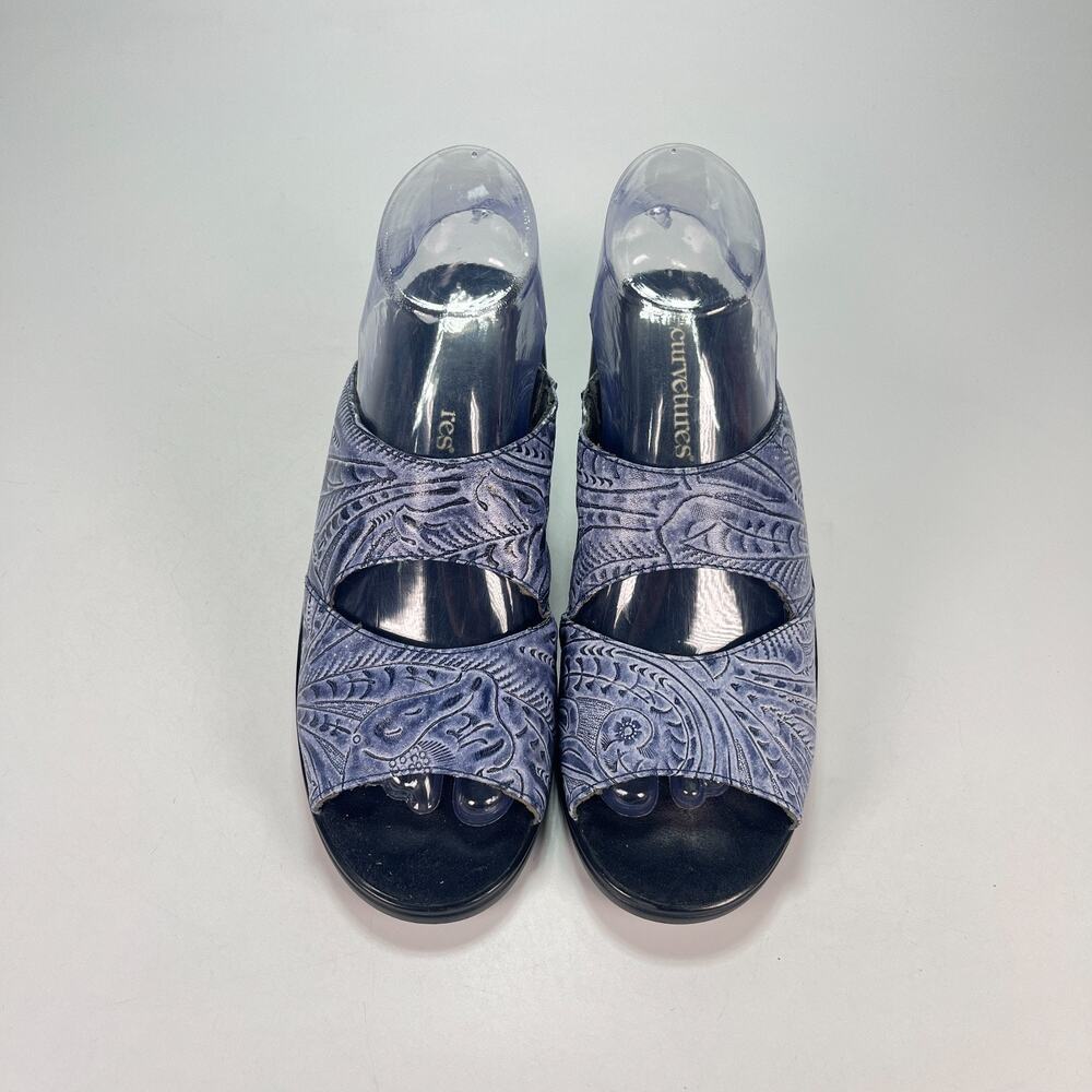 Curvetures Blue Black Leather Comfort Casual Slip On Wedge Sandals Women's Sz 8 - Picture 3 of 10